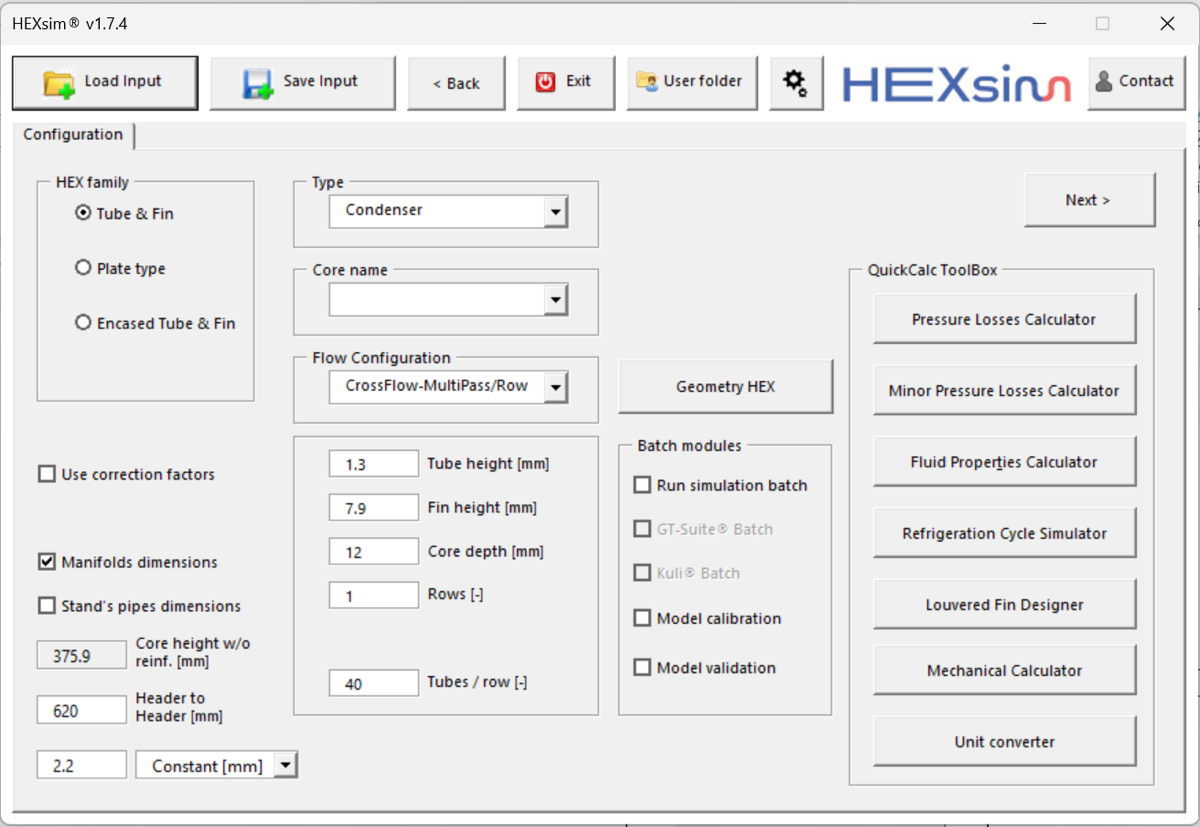 HEXsim heat exchanger simulation software — Configuration screen